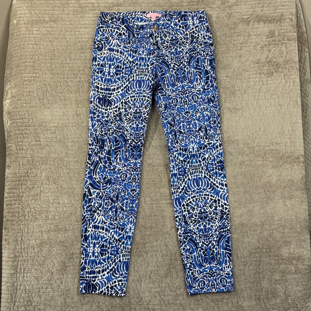 Lilly Pulitzer Kelly Ankle Pant Blue White Geometric‎ Mosaic Print Size 2